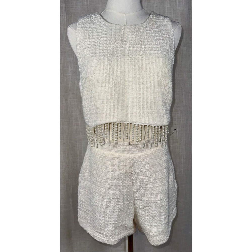 NWT Jason Wu Pearl Fringe Tweed‎ Two Pc Set Women's 6 Rtl $425 Crop Outfit Cream